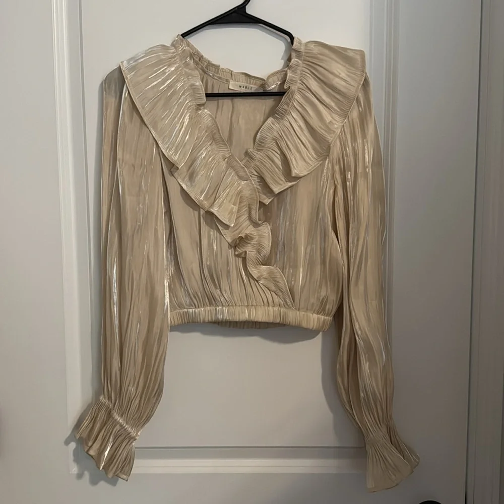 Elegant Cream Champagne Ruffle Blouse - Picture 2 of 9
